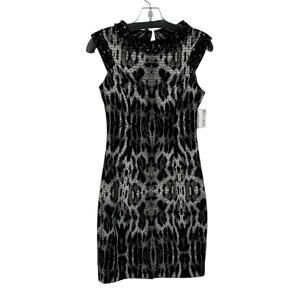 NWT Badgley Mischka Collection Ivory Black Animal Print Bead Neck Dress Womens 4